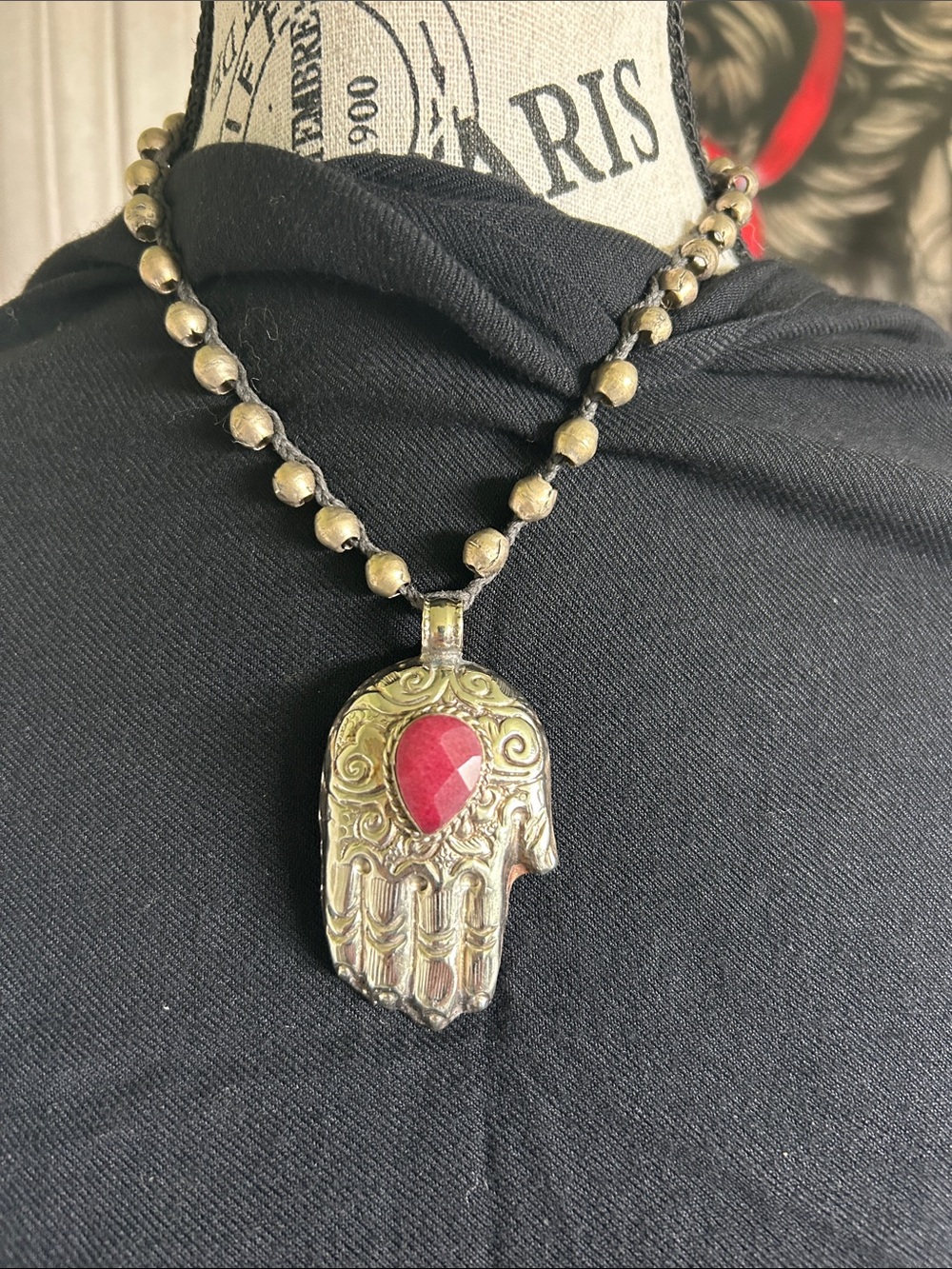 Vintage-Inspired Hamsa Hand Pendant Necklace with Genuine Red Garnet Stone